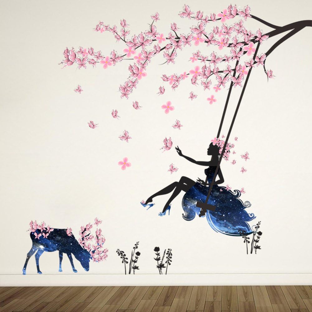 Zy110 Fairy Tree Swing Wall Decals Pink Flowers Tree Wall Stickers Moose Silhouette Flowers DIY Removable Butterfly Plants Animals Wall Decor for Kid Baby Bedroom Living Room Nursery Party