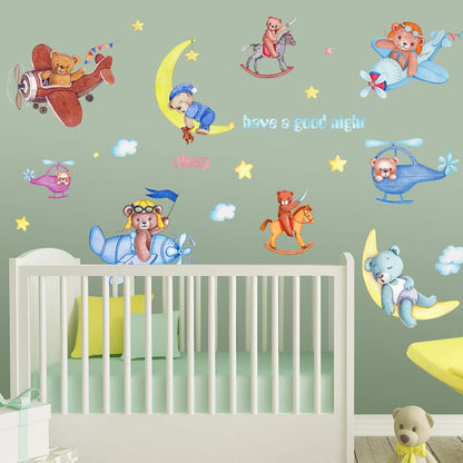 METH HM71012 CUTE BEAR SLEEP N PLANE GOODNIGHT WALLSTICKER WALL STIKER
