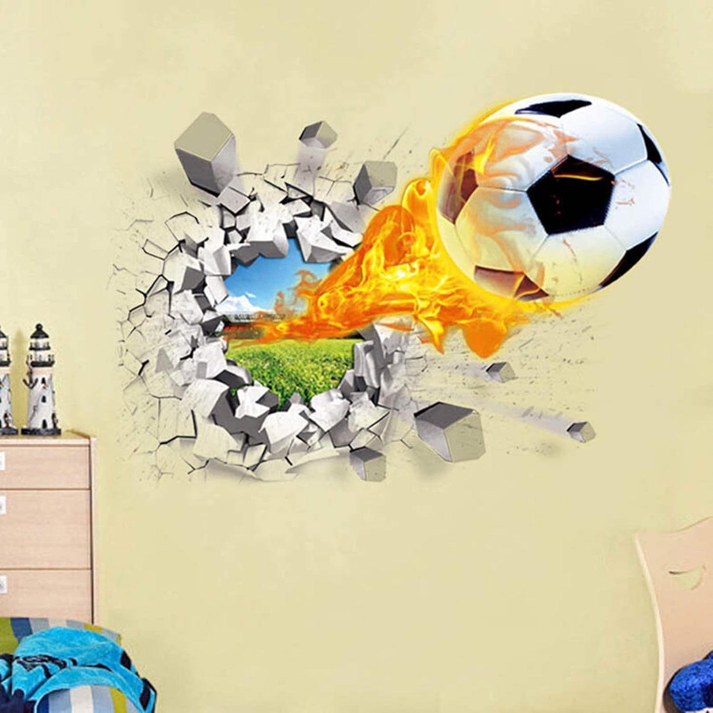 Ncs1473 Lifeupmall 3D Wall Stickers Decorator Removable Break Through The Wall Vinyl Murals Art Decals Kid's Favor Basketball Football Soccer car for Nursery Kids Room Bedroom (Football)