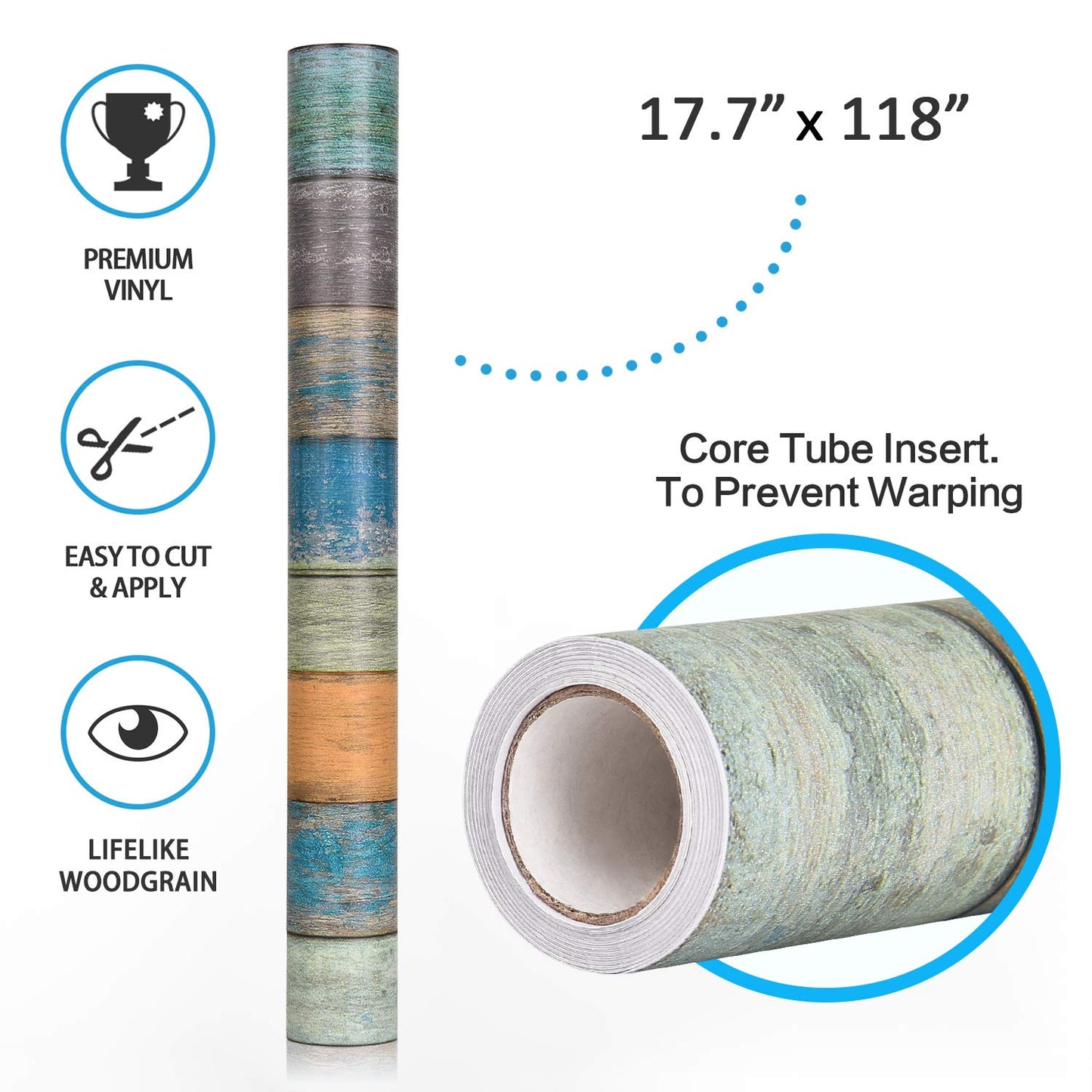 WENMER 17.71" x 118" Wood Plank Contact Paper Wallpaper Distressed Wood Textured Peel and Stick Wallpaper Blue Green Yellow Strips Self-Adhesive Wallpaper roll for Walls Shelves Drawers Furniture Room