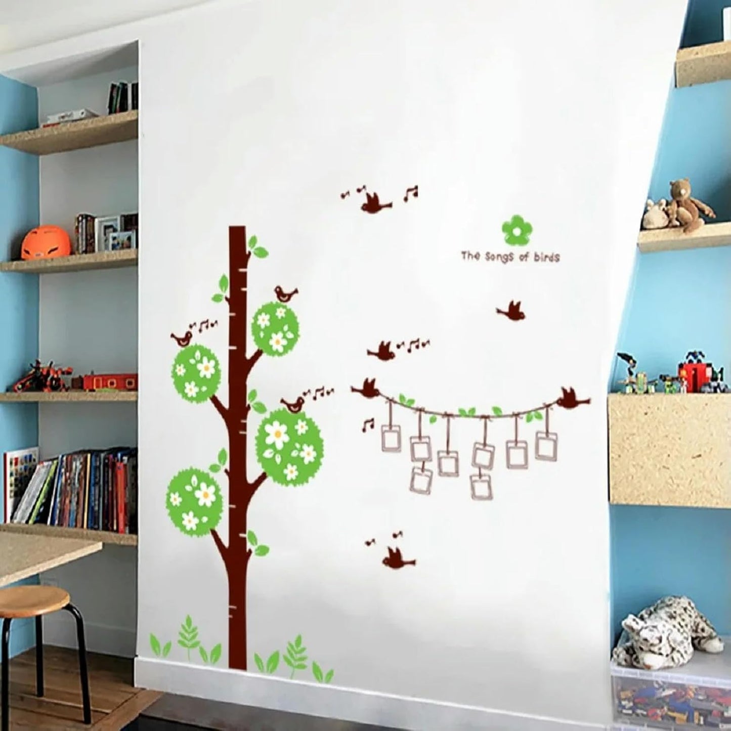 Sweet Memory Character Tree and Green Leafs of Nine Picture Frame and Two Birds for Home Wall