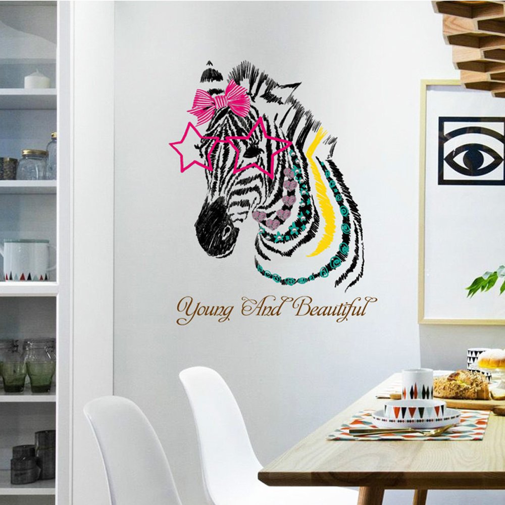 Butterflies Flowers Trees Wall Stickers Cartoon Animals Removable Wall Decals Home Decor Art Mural Baby Boys Girls Kids Bedroom Kitchen Room Decoration Wall Sticker (Beautiful Zebra)