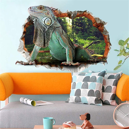 Xh7231 EWQHD Lizard 3D View Wall Sticker Real Animal Wallpapers Through Wall Green Lizard Decals Kids Room Decoration Boys Gifts