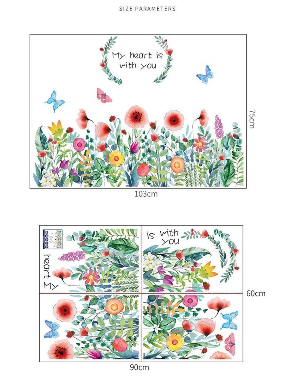 JAAMSO ROYALS Colourful Blooming Flower with Coloured Butterfly Wall Stickers for Living Room Flowers, Floral Wall Stickers, Flower Sticker, Nature Wall Stickers (90 CM X 60 CM)