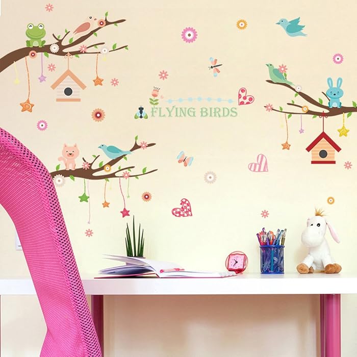 XL8245 Wallpark Cartoon Cute Rabbit Cat Bird Creative Stars House Pendent Tree Branch Removable Wall Sticker