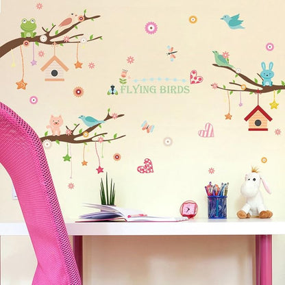 XL8245 Wallpark Cartoon Cute Rabbit Cat Bird Creative Stars House Pendent Tree Branch Removable Wall Sticker