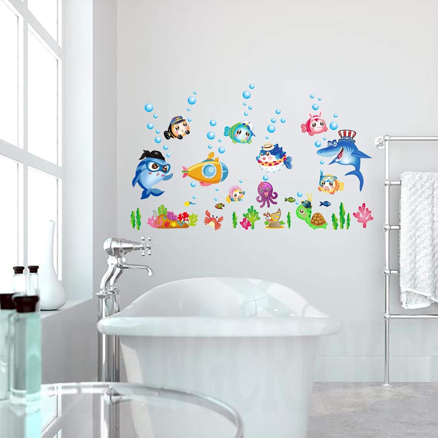 Sk7070 Sticker Ocean Wall Decal for Kids Toddler Baby Shark Turtle Fish bubbles