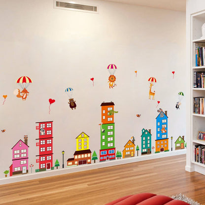 Wallpark Bunt Stadt Haus Gebäude Niedlich Bär Löwe Giraffe Affe Heißluft-Ballon Abnehmbare Wandsticker Wandtattoo, Kinder Kids Baby Hause Zimmer Kinderzimmer DIY Dekorativ Kunst Wandaufkleber