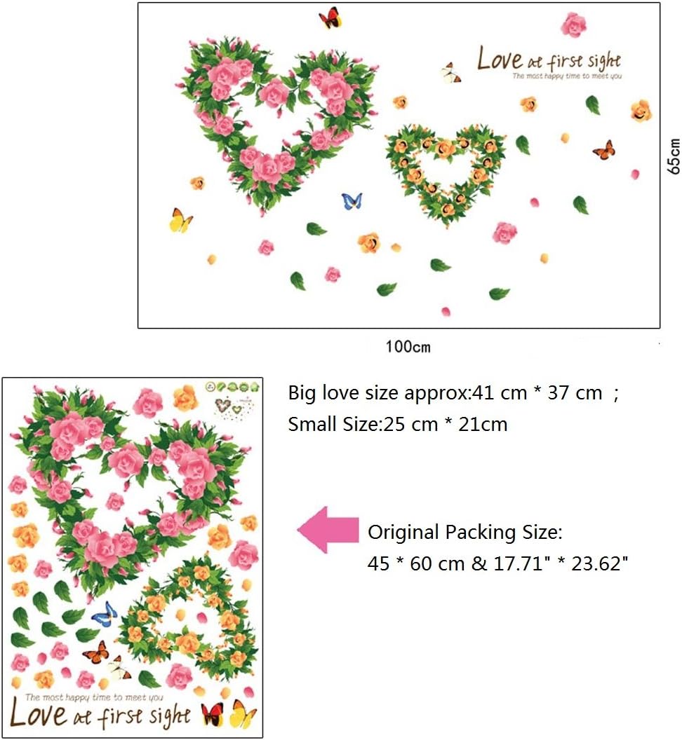 Ays6014 BIBITIME 2 Romantic Flower Hearts Meet "Love at First Sight" Valentines Day Vinyl Quotes Butterfly Lovers Wall Decals Sticker