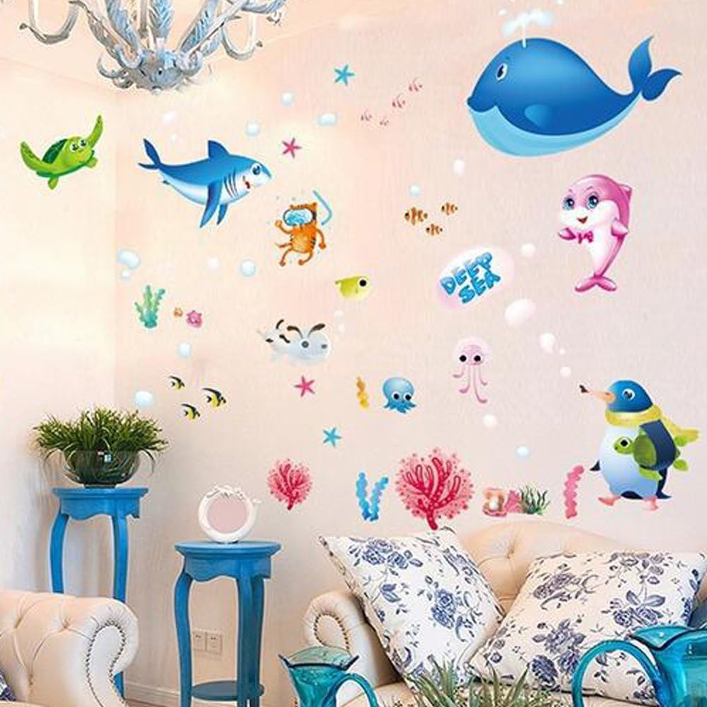 Xl7225Cartoon Animals Wall Stickers Photo Frames Removable Wall Decals Home Decor PVC Art Mural Baby Boys Girls Kids Bedroom Kitchen Decoration Posters Wall Sticker (Whale Shark Dolphin Sea Aniamls)
