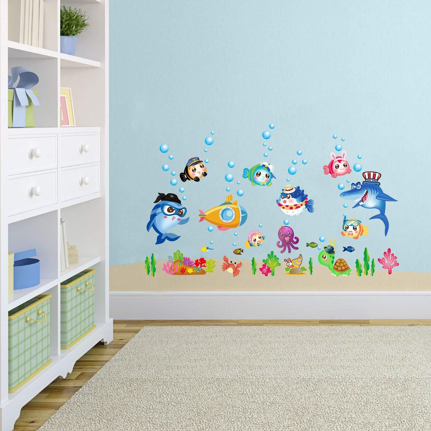 Sk7070 Sticker Ocean Wall Decal for Kids Toddler Baby Shark Turtle Fish bubbles