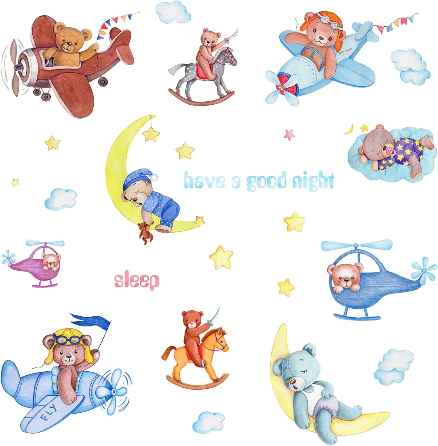 METH HM71012 CUTE BEAR SLEEP N PLANE GOODNIGHT WALLSTICKER WALL STIKER