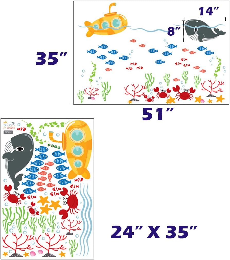 DNVEN 54.3 x 35.0 inches Vinyl Wall Decals Tropical Fish Coral Underwater Removable Decor for Bedrooms, Kids Rooms, Nursery