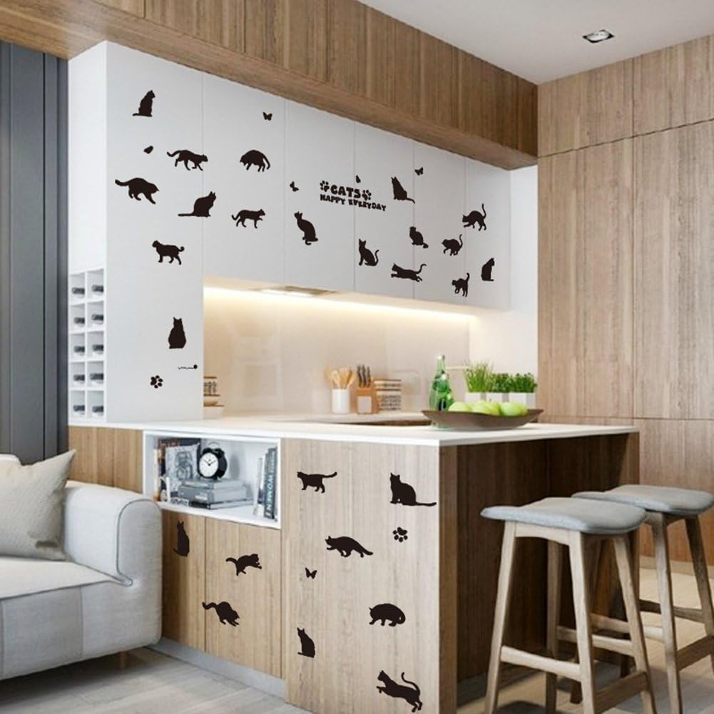Sks6036 Removable 26 Black Cats and Butterfly Vinyl Wall Arts Paper Easy to Stick Wall Decals for Bedroom and Funiture