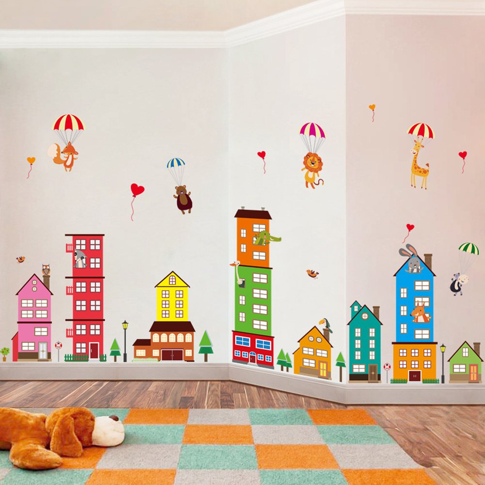 Wallpark Bunt Stadt Haus Gebäude Niedlich Bär Löwe Giraffe Affe Heißluft-Ballon Abnehmbare Wandsticker Wandtattoo, Kinder Kids Baby Hause Zimmer Kinderzimmer DIY Dekorativ Kunst Wandaufkleber