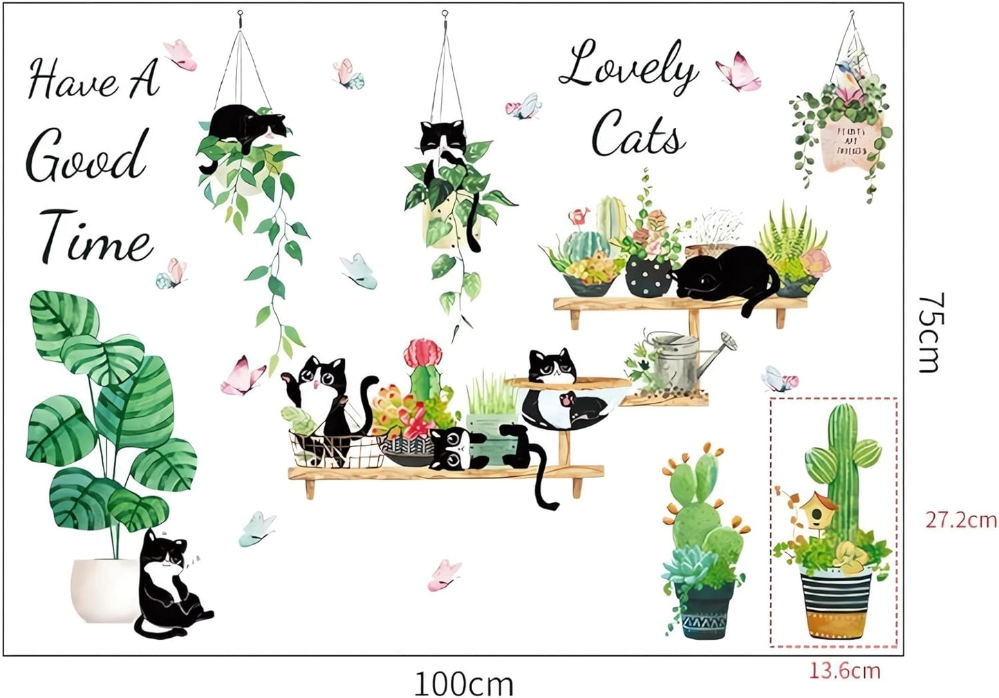 HT94022 Wall Stickers Cartoon Cat Tropical Plant Wall Stickers Decorative