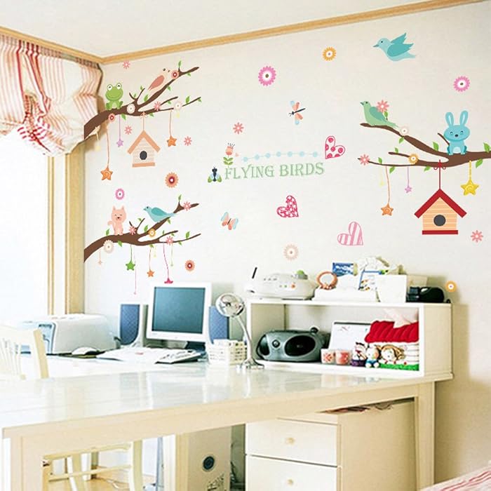 XL8245 Wallpark Cartoon Cute Rabbit Cat Bird Creative Stars House Pendent Tree Branch Removable Wall Sticker
