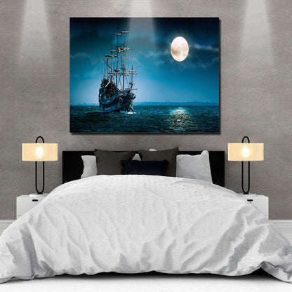 Ay8012 Canvas Wall Art - Night Boat Sailing Marine Moon Pictures - Modern Gallery Wall Decor Giclee Print Stretched and Framed Ready to Hang