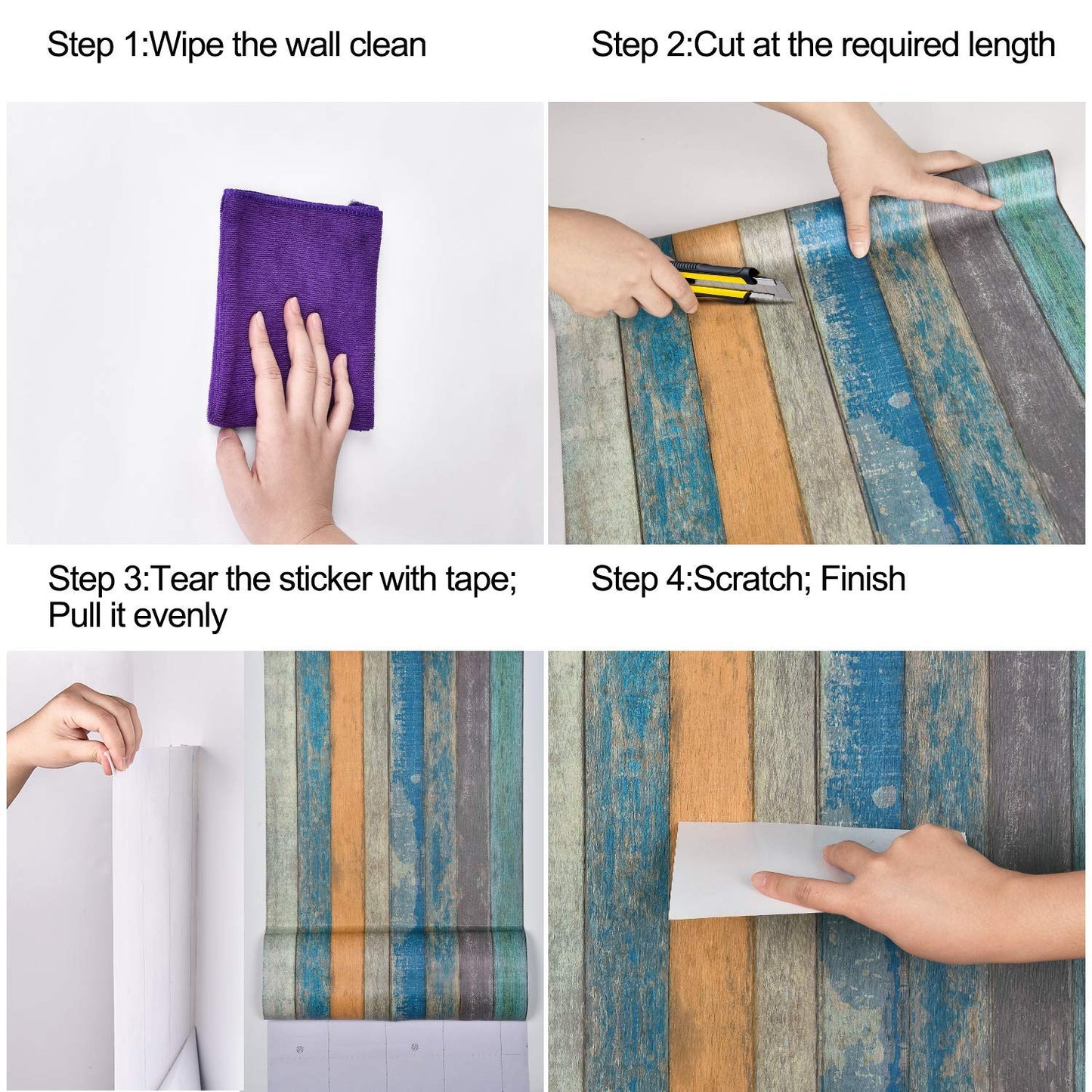 WENMER 17.71" x 118" Wood Plank Contact Paper Wallpaper Distressed Wood Textured Peel and Stick Wallpaper Blue Green Yellow Strips Self-Adhesive Wallpaper roll for Walls Shelves Drawers Furniture Room