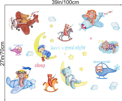 METH HM71012 CUTE BEAR SLEEP N PLANE GOODNIGHT WALLSTICKER WALL STIKER