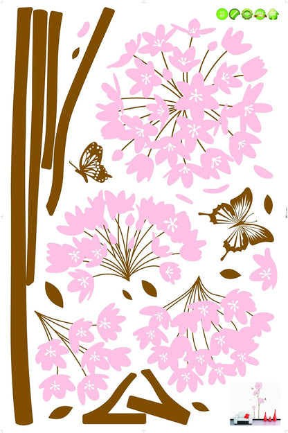 Long Stem Large Pink Hydrangea Flower with Butterflies and Flying Petals Peel & Stick Wall Decals