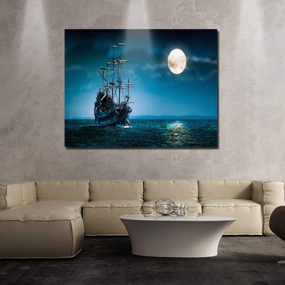 Ay8012 Canvas Wall Art - Night Boat Sailing Marine Moon Pictures - Modern Gallery Wall Decor Giclee Print Stretched and Framed Ready to Hang