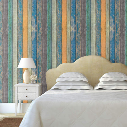 WENMER 17.71" x 118" Wood Plank Contact Paper Wallpaper Distressed Wood Textured Peel and Stick Wallpaper Blue Green Yellow Strips Self-Adhesive Wallpaper roll for Walls Shelves Drawers Furniture Room