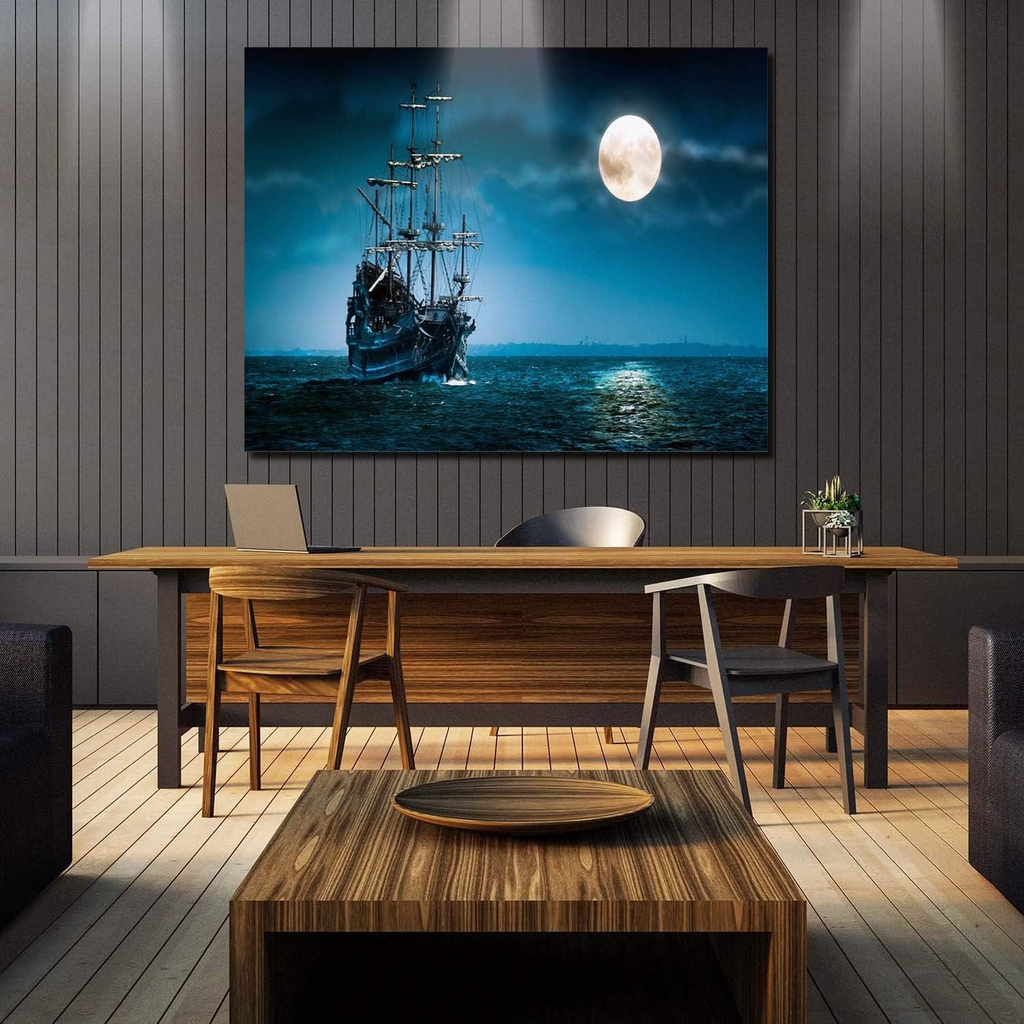 Ay8012 Canvas Wall Art - Night Boat Sailing Marine Moon Pictures - Modern Gallery Wall Decor Giclee Print Stretched and Framed Ready to Hang