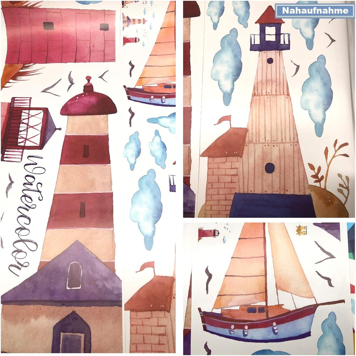 HM92019 Watercolor Lighthouse Wall Stickers Sailing Clouds Wall Sticker
