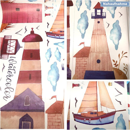 HM92019 Watercolor Lighthouse Wall Stickers Sailing Clouds Wall Sticker