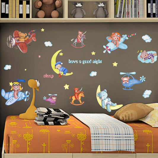 RW-71012 Cartoon Bear Wall Decals Cute Bear Sleeping on Moon Wall Stickers Bear Sitting on Plane DIY Removable Watercolor Bear Wall Art Decor for Kids Baby...