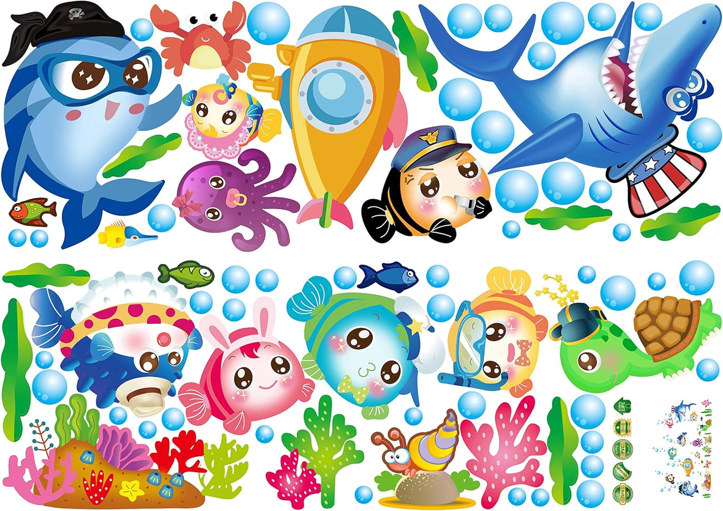 Sk7070 Sticker Ocean Wall Decal for Kids Toddler Baby Shark Turtle Fish bubbles