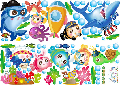 Sk7070 Sticker Ocean Wall Decal for Kids Toddler Baby Shark Turtle Fish bubbles