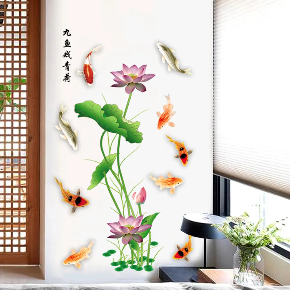 feng shui fish carp lotus flowers  Wall decal High quality printed wall sticker with glue on the back of the fish pond and lotus pattern GS9438 Size: 60x90cm