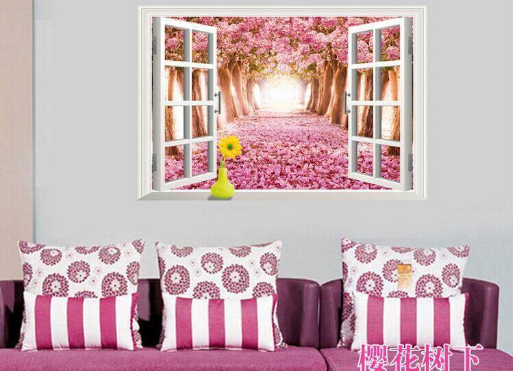 AY9234D cherry tree avenue 3d fake windows landscape green pvc wall sticker Removable wall stickers home decor wall decor