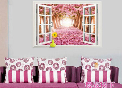 AY9234D cherry tree avenue 3d fake windows landscape green pvc wall sticker Removable wall stickers home decor wall decor
