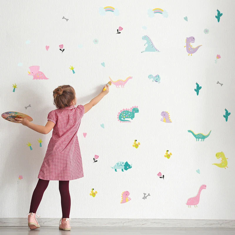 49pcs/set Dinosaur Wall Sticker For Kids Room Cartoon Plants DIY Wall Stickers Nordic Style Decal Home Decoration  Xp8029