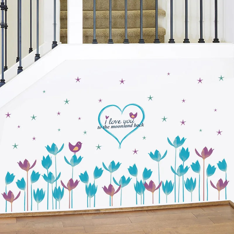 Blue Flowers Skirt Line Large Wall Stickers Home Decor Living Room Bedroom Decal Diy Art Mural Wallpaper Removable Wall Sticker - Wall Stickers - AliExpress