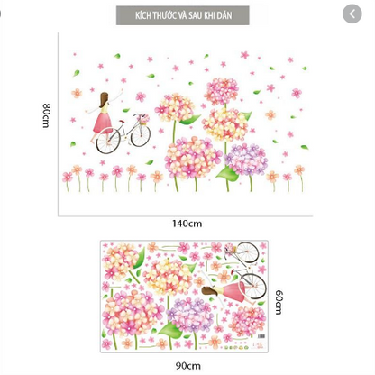 XL8215 cute flowers bicycle girl wall stickers for kids rooms nursery baby bedroom children art wall decals home decorations