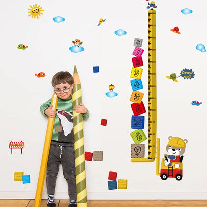 Cartoon Animal Dodge Grow Height Measurement Wall Stickers Arabic Number Blocks Birds Cloud Children Room Decoration