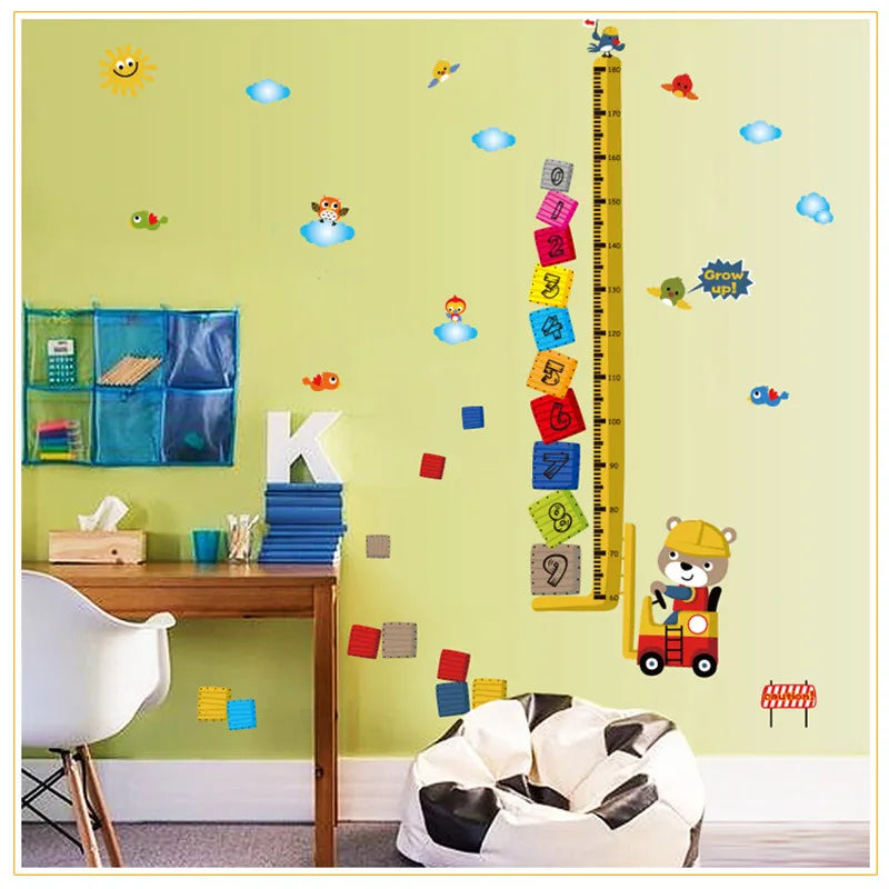 Cartoon Animal Dodge Grow Height Measurement Wall Stickers Arabic Number Blocks Birds Cloud Children Room Decoration