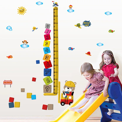 Cartoon Animal Dodge Grow Height Measurement Wall Stickers Arabic Number Blocks Birds Cloud Children Room Decoration