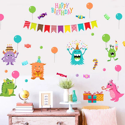 Cartoon Small Monsters Wall Sticker For Kids Room Happy Birthday xl8209