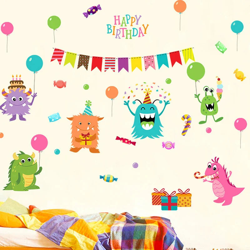 Cartoon Small Monsters Wall Sticker For Kids Room Happy Birthday xl8209