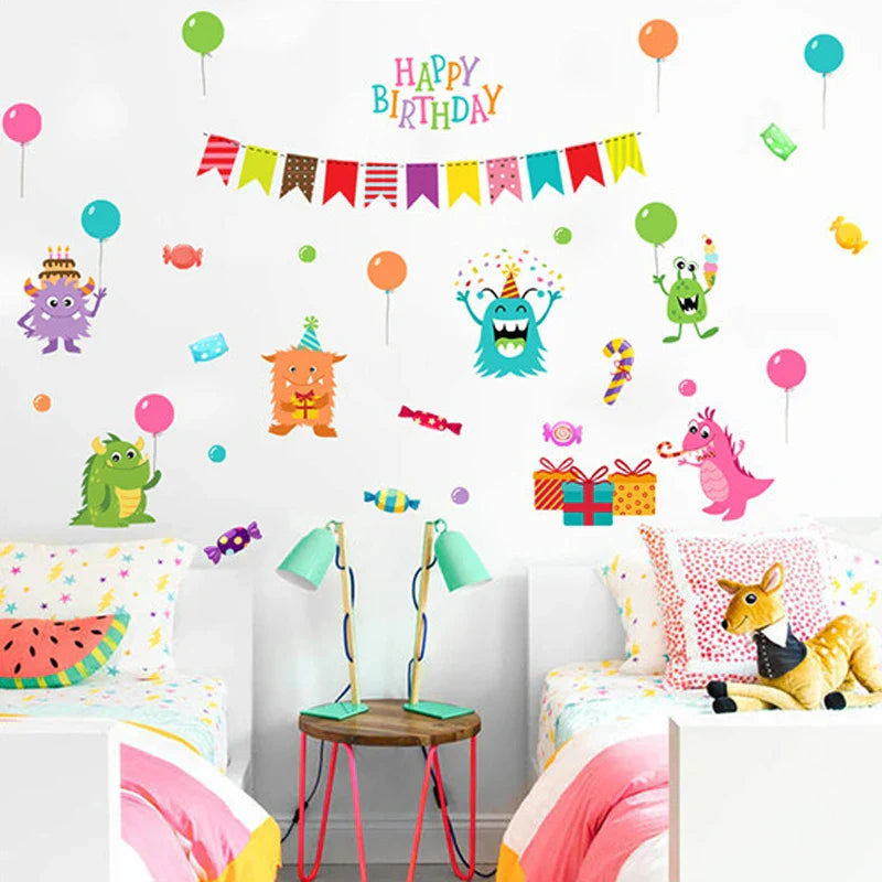 Cartoon Small Monsters Wall Sticker For Kids Room Happy Birthday xl8209