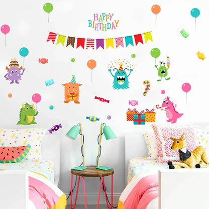 Cartoon Small Monsters Wall Sticker For Kids Room Happy Birthday xl8209
