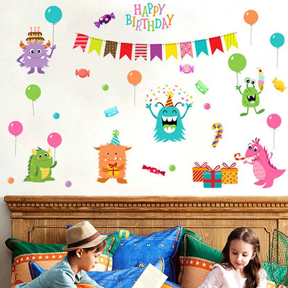 Cartoon Small Monsters Wall Sticker For Kids Room Happy Birthday xl8209