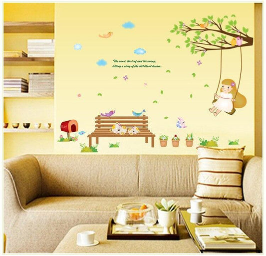 Cheap DIY Cartoon Swing girl Vinyl Removable Kid Room DIY Wall Stickers Decal environment Mural Decor AY7198