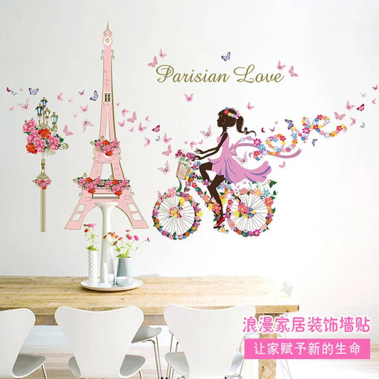 Fashion Girl In Pink Dress Wall Stickers Iron Tower Bicycle Colorful Butterflies Wallpaper For Girl's Living Room