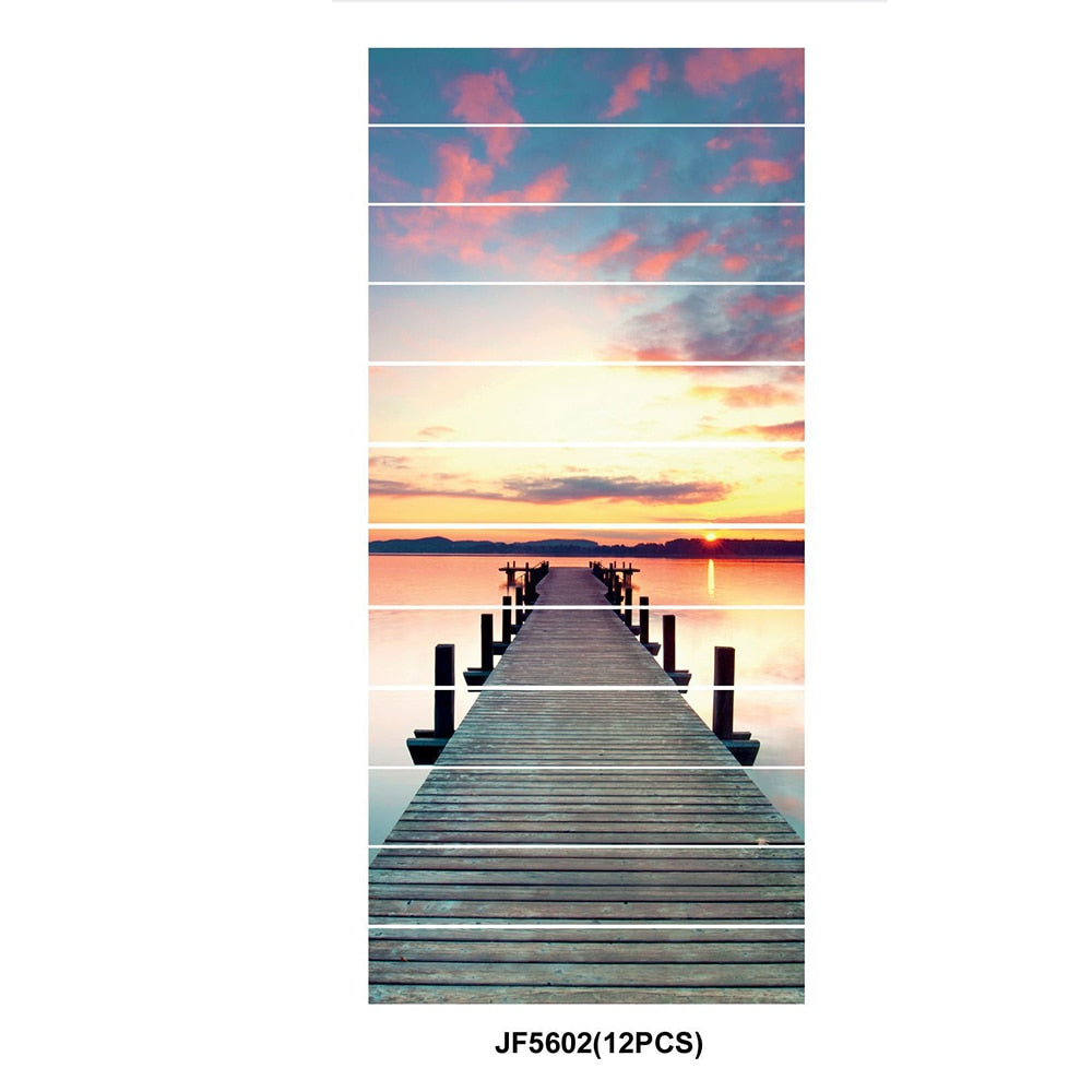 Fashion 12piece installation stair sticker, promenade, sunset, ocean, waterfall, street style waterproof can remove stair sticker JF5602 Single sheet layout size:97 * 17cm(Approx.)